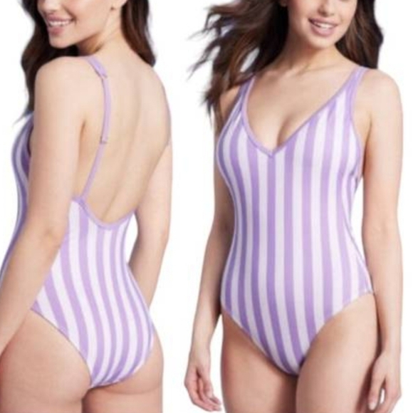 NWOT Kona Sol Purple Stripes One Piece Swimsuit Size 20W - Picture 1 of 7